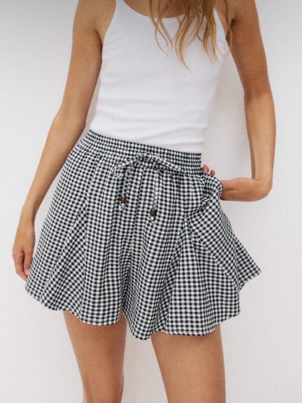ZARA Hight Waist 100% Cotton Gingham check Ruffled Skort with drawstring
